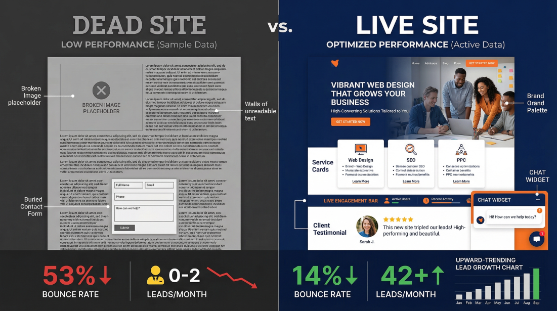 Broken website vs high-engagement website comparison